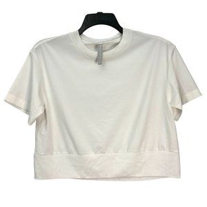 Athleta Cropped Tee Top Womens Size XS White Ribbed Knit Hem Sleeve Cuffs